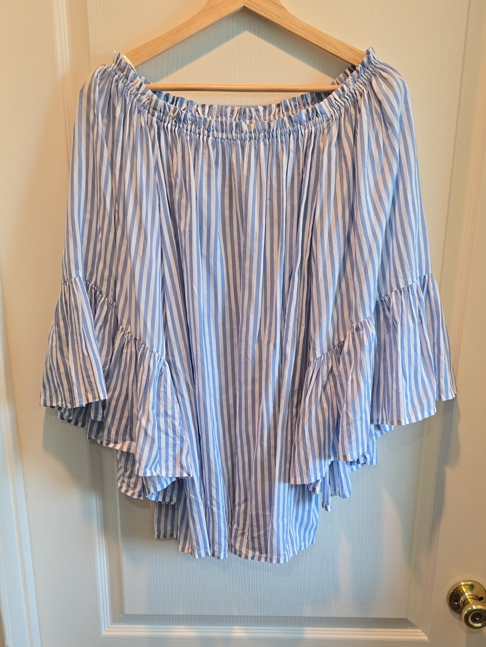 ELAN Blue & White Striped Off-Shoulder Top